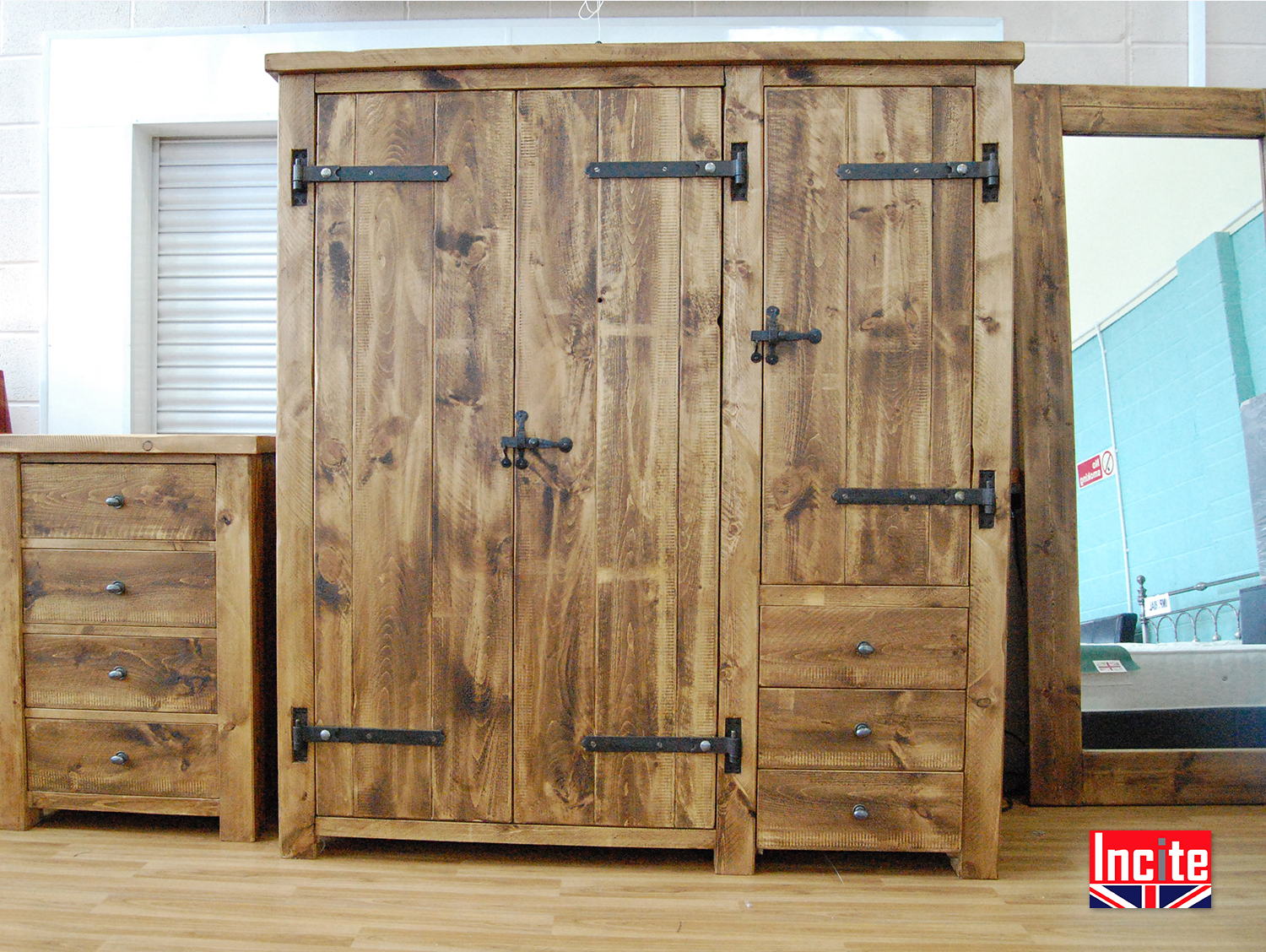 Triple pine wardrobe 2024 with drawers